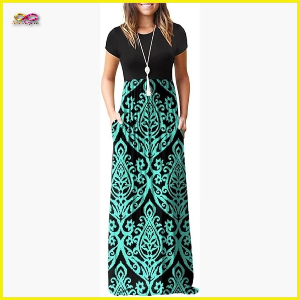 Short Sleeve Maxi Dress Loose Fit A-Line Casual Vacation Flowy with Pockets